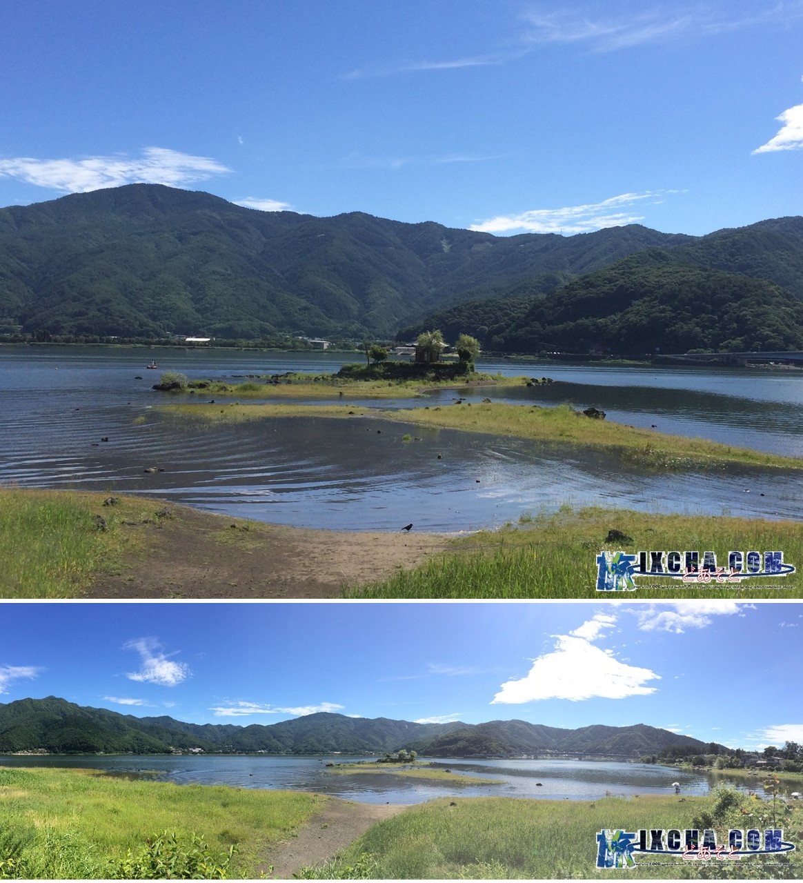 iPhoneで撮影した“六角堂”限界まで拡大しました。（これ以上大きく撮れますが、ぼやけるのでこれが限界）　ついでに富士山もパシャリ！　晴れた日の河口湖散策は富士山が見れたり、綺麗な湖で水遊びしたりと子供から大人まで楽しめるスポットです！皆様も遊びに行かれては如何でしょうか！有難うございました。 