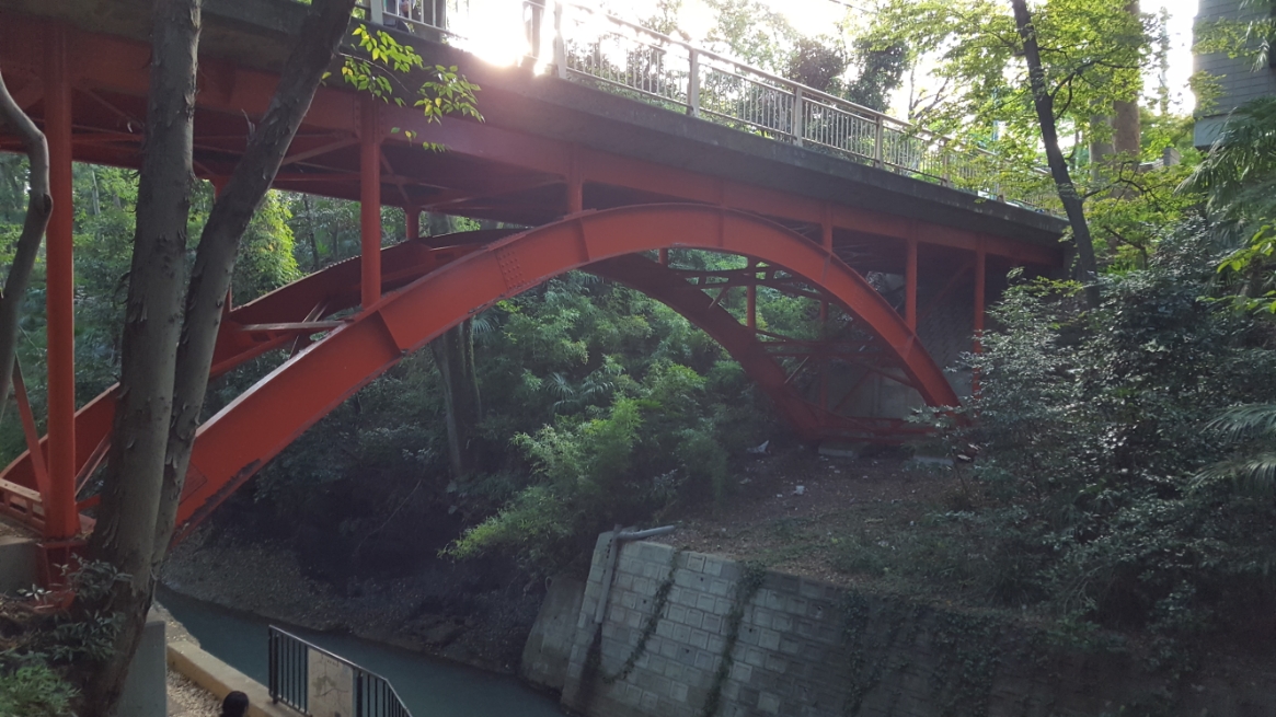 階段途中からみた「ゴルフ橋」の橋脚は赤く何ともこの景観にマッチしています。
