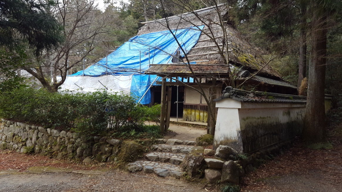 先ずは、「甲賀忍術博物館」で忍者について学びたいと思います！現在は補修中の為ブルーシートがかけられていますが茅葺屋根は非常に立派です。